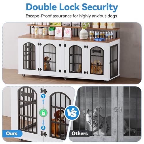 Double Dog Crate Furniture for 2 Dogs, 63" Wooden Kennel with Divider and Wheels D6553