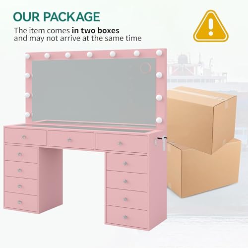 Vanity Desk with Power Outlet, LED Mirror, 11 Drawers and Chair, White H391193