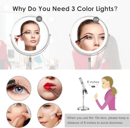 Lighted Makeup Mirror, Rechargeable Double Sided Magnifying Vanity Mirror, 3 Colors, 1x/10x F7514