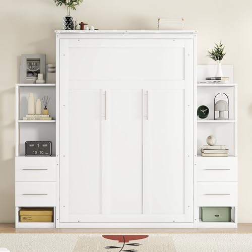 MERITLINE Queen Murphy Bed with Storage Drawers, LED Lights and Shelves, Grey P714