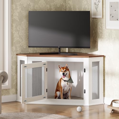Corner Dog Crate Furniture Wooden Kennel End Table for Small Medium Dogs Greige and Black V3428