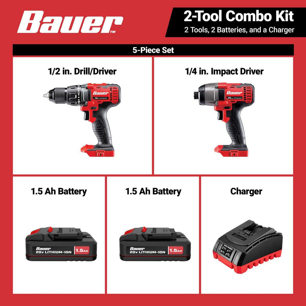 BAUER 20V, 2-Tool Cordless Drill and Impact Driver Kit with (2) 1.5 Ah Batteries and Charger