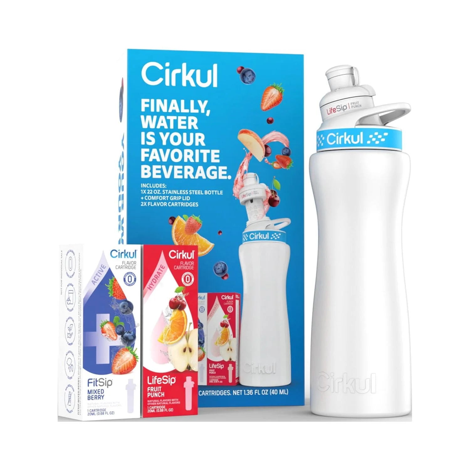 Cirkul 22oz White Stainless Steel Water Bottle Starter Kit with Blue Lid and 2 Flavor Cartridges (Fruit Punch & Mixed Berry)