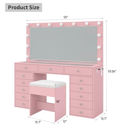 55" Vanity Desk with Charging Station and Lighted Mirror, Black Z765