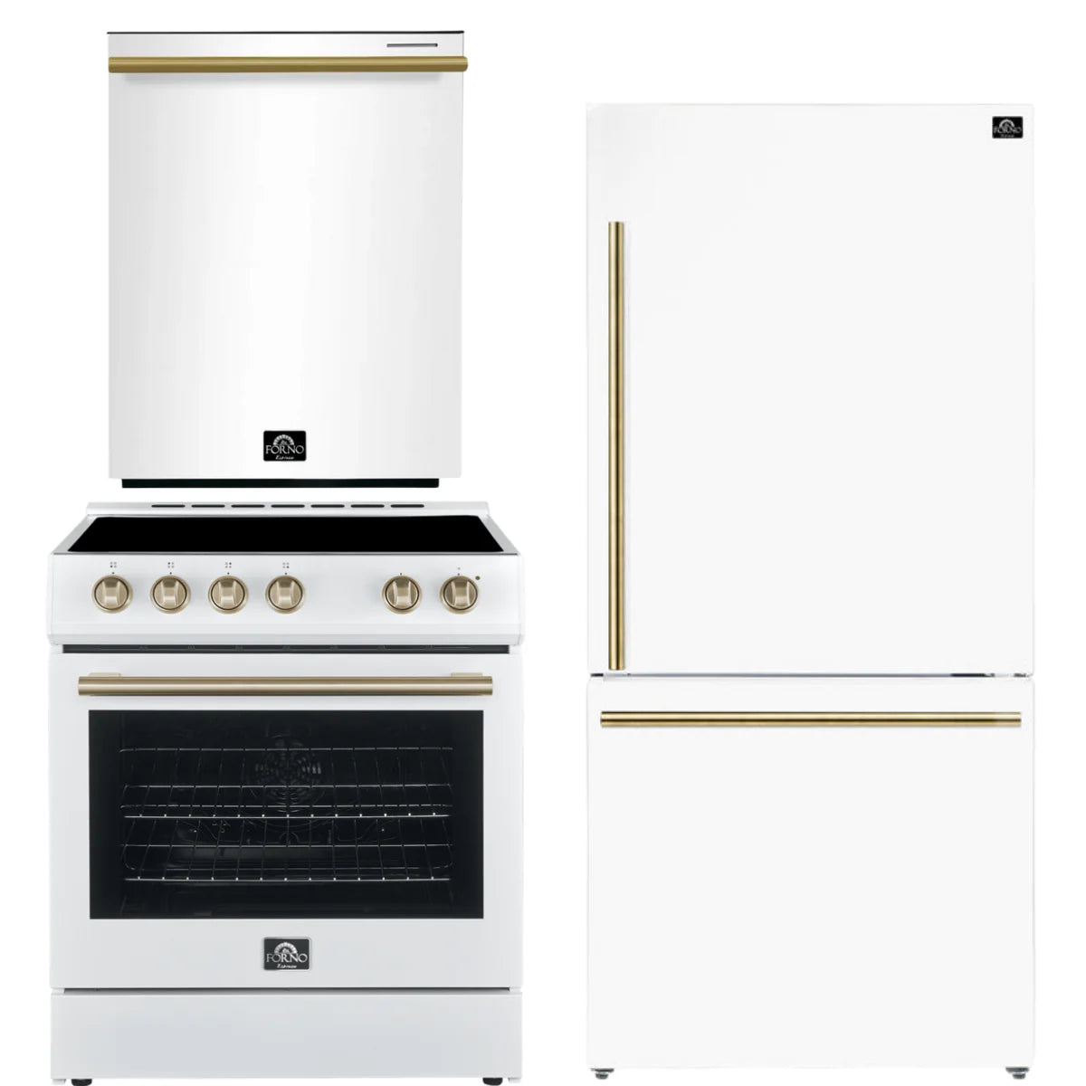 Forno Espresso Package - 30 Electric Range, Refrigerator and Dishwasher in White with Antique Brass Handles, AP-FFSEL6012-30WHT-A-A12-D