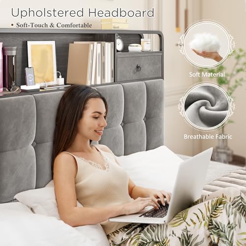 EnHomee King Size Bed Frame with 4 Drawers, Headboard, Charging Station and LED Lights, Grey I310