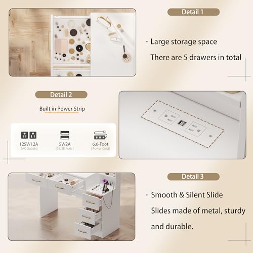 White Makeup Vanity Desk with Charging Station and Lights K58637