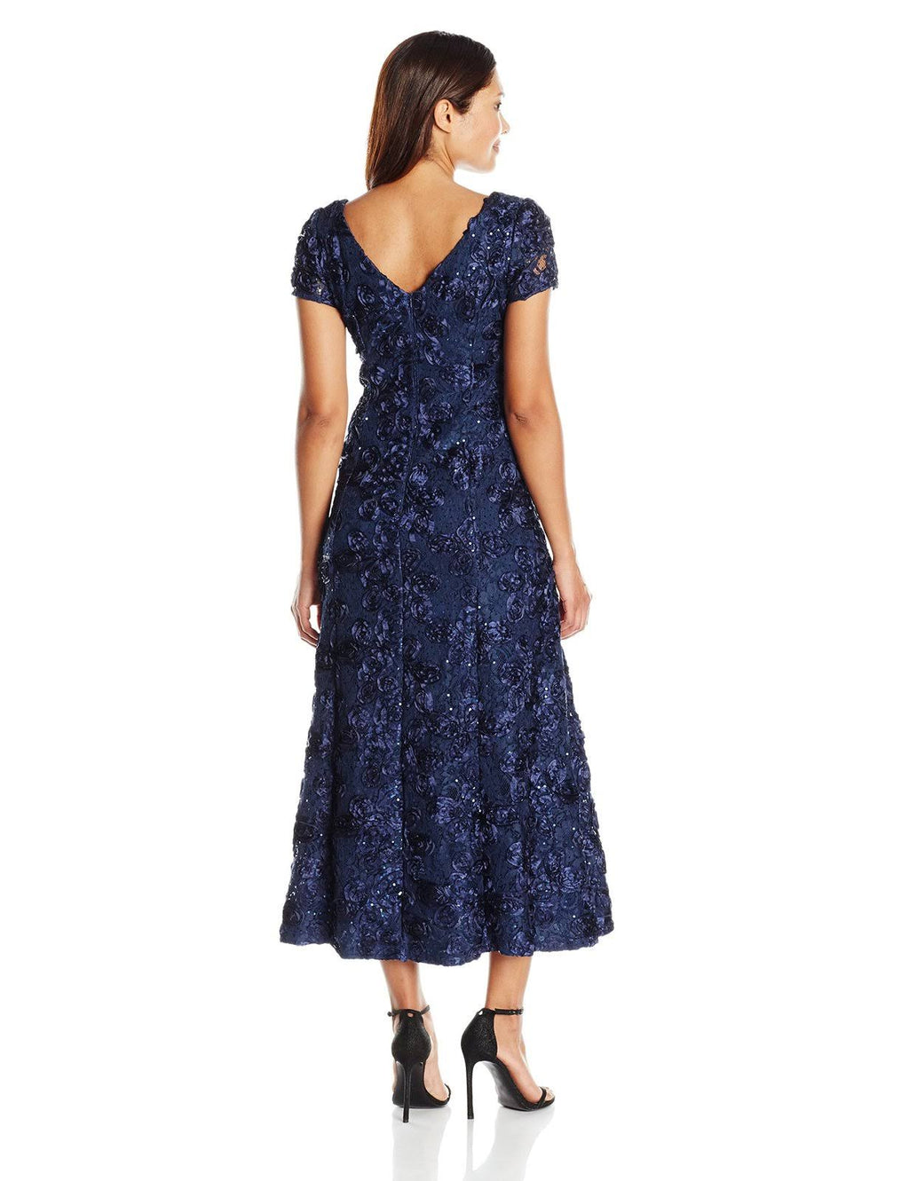 Alex Evenings Petite Rosette Lace A-Line Gown Navy D287234