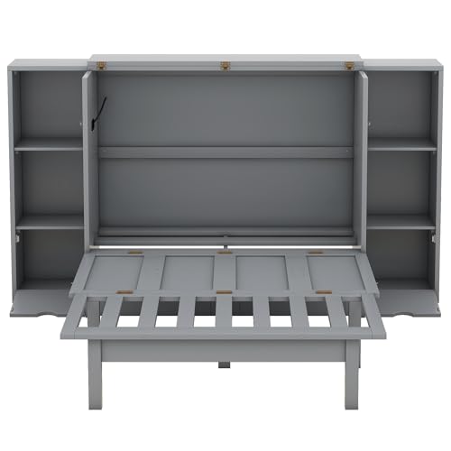 Queen Size Murphy Wall Bed with Storage and Bookcase Headboard, Solid Wood, White F901