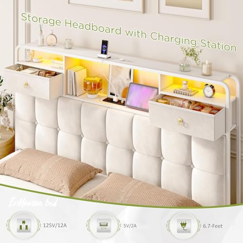 EnHomee King Size Bed Frame with 4 Drawers, Headboard, Charging Station and LED Lights, Grey I310