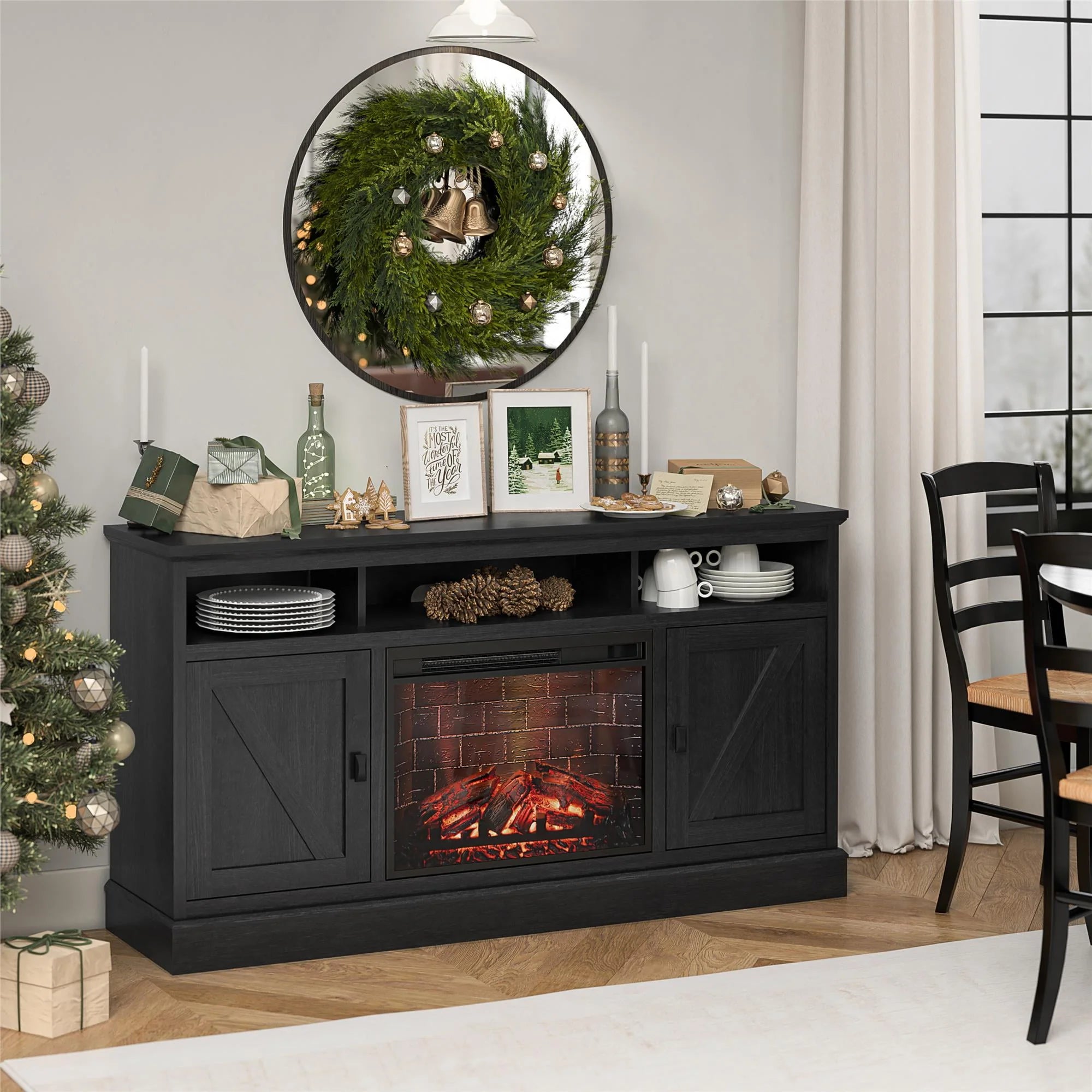 Ameriwood Home Ashton Lane Electric Fireplace TV Stand for TVs up to 65, Black Oak D206311