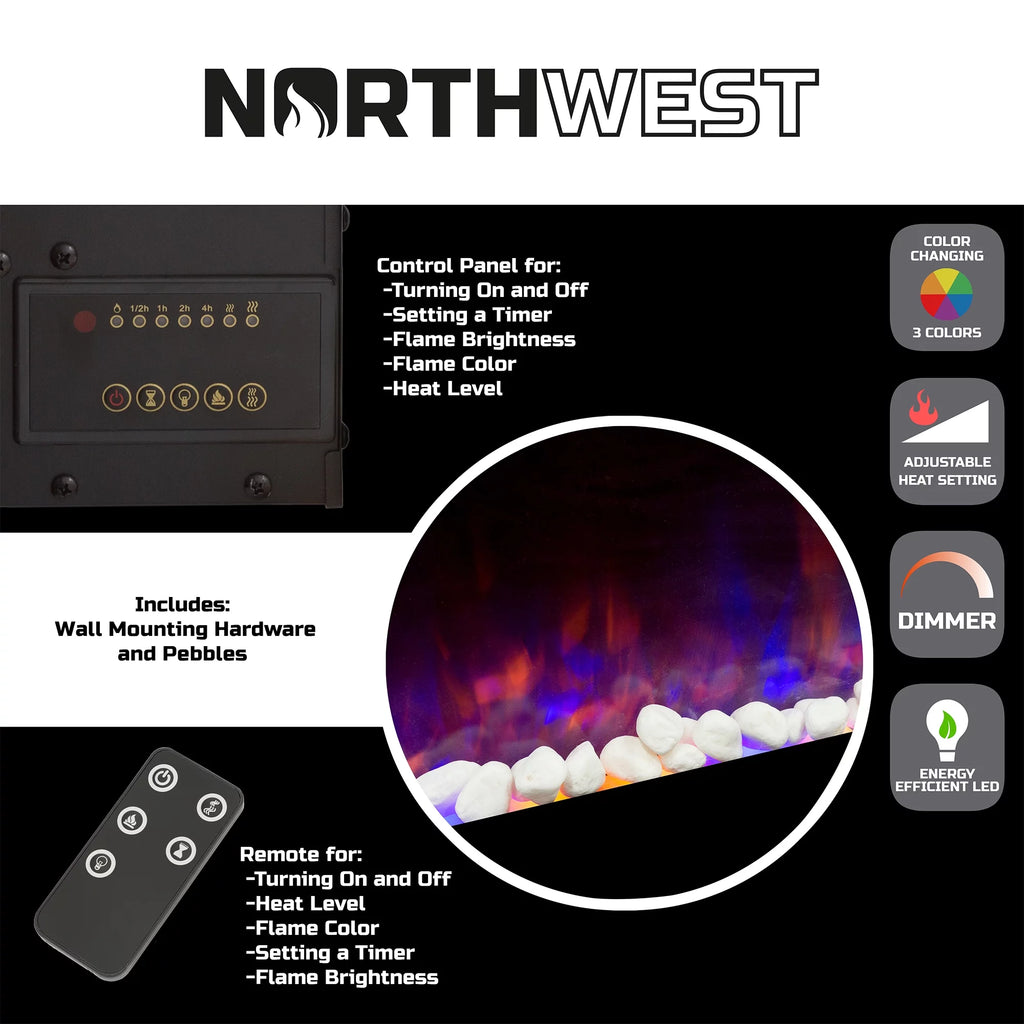 Northwest 36-inch Wall-Mount Electric Fireplace with Remote, Black M493