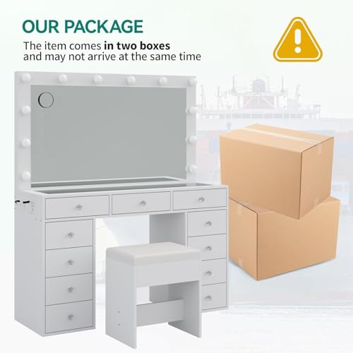 Vanity Desk with Power Outlet, LED Mirror, 11 Drawers and Chair, White H391193