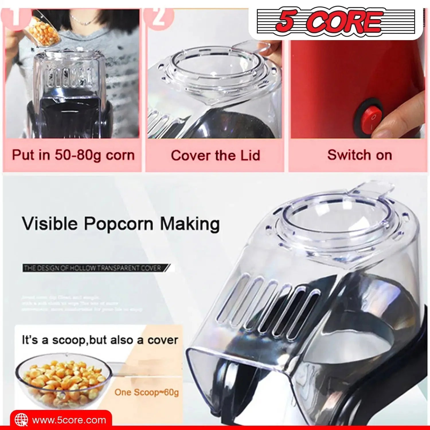Hot Air Popcorn Machine Red BPA Free Q25814