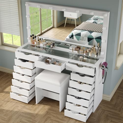 White Vanity Desk with Mirror, Lights, Charging Station and Chair C61521