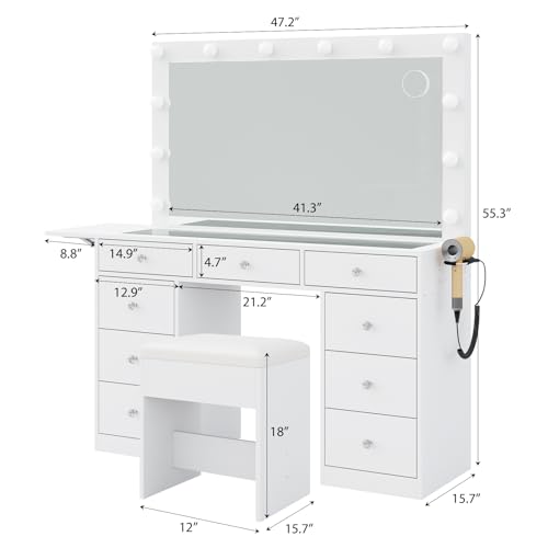 55" Vanity Desk with Charging Station and Lighted Mirror, Black Z765