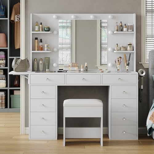55" Vanity Desk with Charging Station and Lighted Mirror, Black Z765