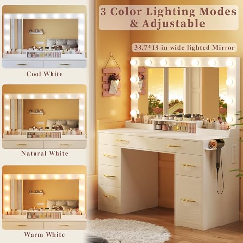 White Vanity Desk with Large Mirror and Lights I322