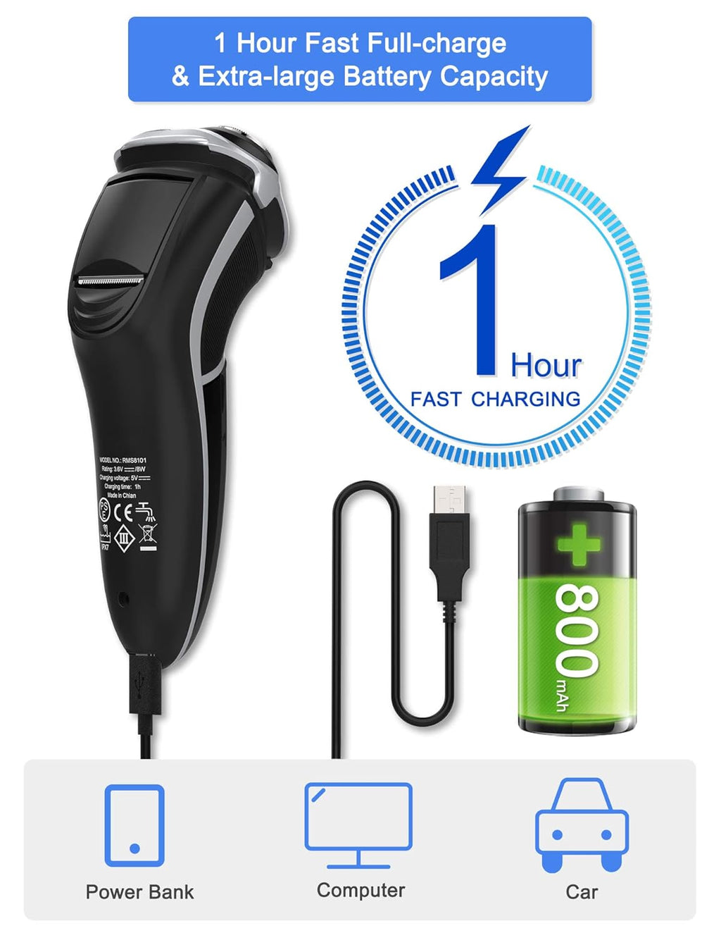 MAX-T Men's Electric Shaver Rechargeable 3D Rotary Razor with Pop-up Trimmer, Black, 2-Pack P7169