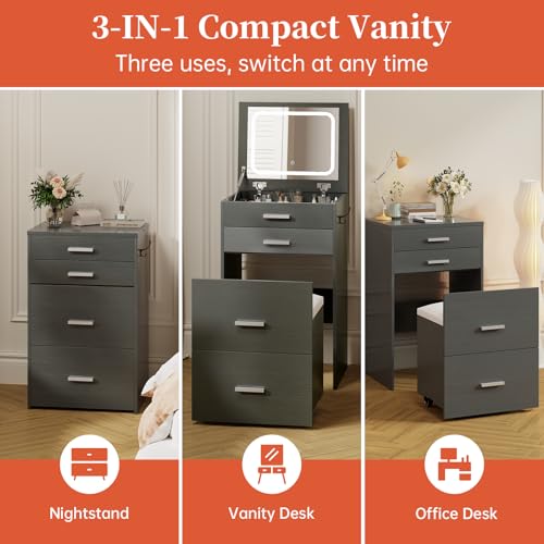 Compact Vanity with 3 Drawers, Makeup Desk with Lighted Mirror and Stool, White P76418
