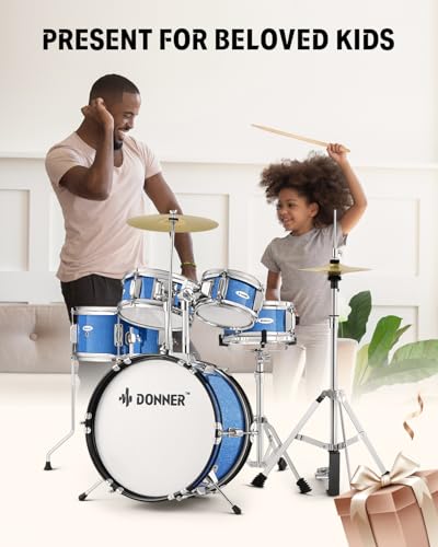 Donner 5-Piece Kid Drum Set for Beginners, 14 Inch Full Size, Metallic Black H8038