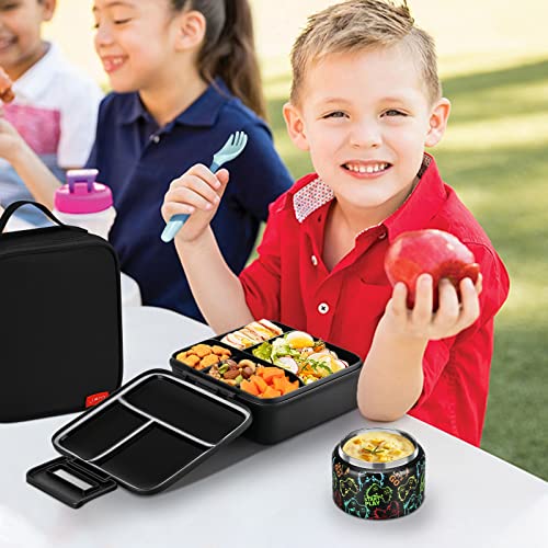 Bento Lunch Box for Kids with 5 Compartments and Thermos, Blue Dinosaur G749