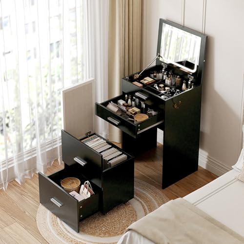 Compact Vanity with 3 Drawers, Makeup Desk with Lighted Mirror and Stool, White P76418