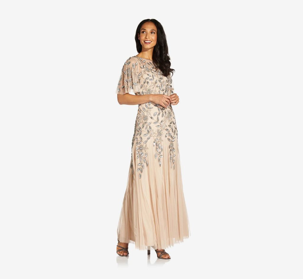 Adrianna Papell Long Floral Beaded Gown with Flutter Sleeves, Beige, Size: 16