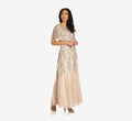 Adrianna Papell Long Floral Beaded Gown with Flutter Sleeves, Beige, Size: 16