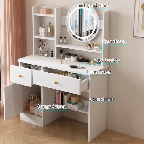 Vanity Desk with Mirror and Lights, 3 Lighting Modes, White T175312