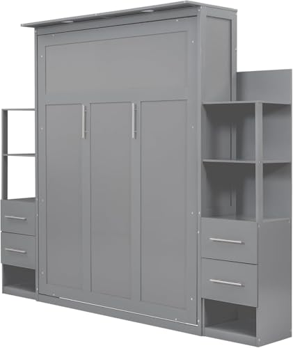 MERITLINE Queen Murphy Bed with Storage Drawers, LED Lights and Shelves, Grey P714