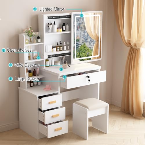 Vanity Desk with Mirror and Lights, 3 Lighting Modes, White T175312