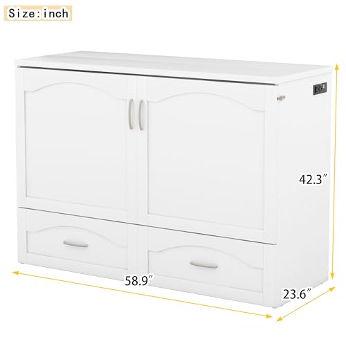 Queen Size Murphy Wall Bed with Storage and Bookcase Headboard, Solid Wood, White F901
