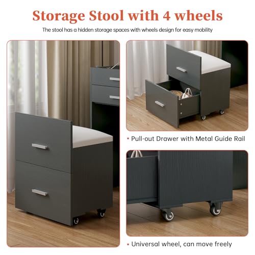 Compact Vanity with 3 Drawers, Makeup Desk with Lighted Mirror and Stool, White P76418