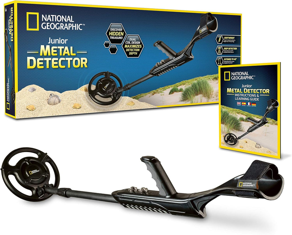 NATIONAL GEOGRAPHIC Junior Metal Detector – Adjustable Metal Detector for Kids with 7.5" Waterproof Dual Coil, Lightweight Design Great for Treasure Hunting Beginners, with 5 Replica Gold Doubloons Pack of 2