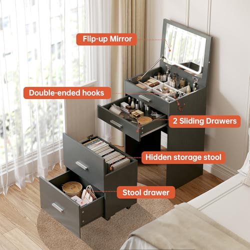 Compact Vanity with 3 Drawers, Makeup Desk with Lighted Mirror and Stool, White P76418