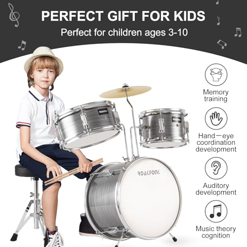 3 Piece Kids Drum Set with Throne, 14'' Bass Drum, Adjustable Seat W12582