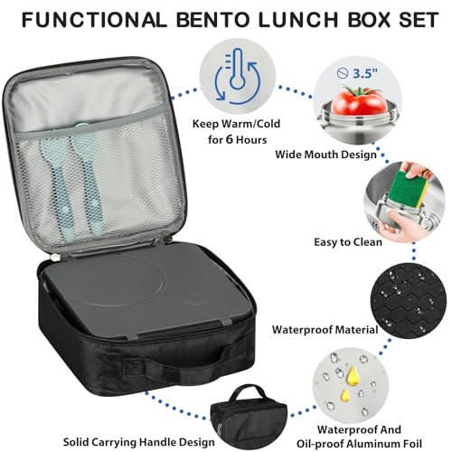 Bento Lunch Box Set for Kids with Soup Thermo, Leak-Proof, 4 Compartment, Black W97698