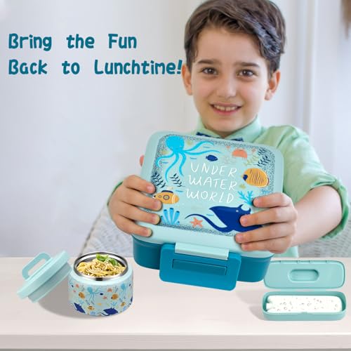 Bento Lunch Box for Kids with 5 Compartments and Thermos, Blue Dinosaur G749