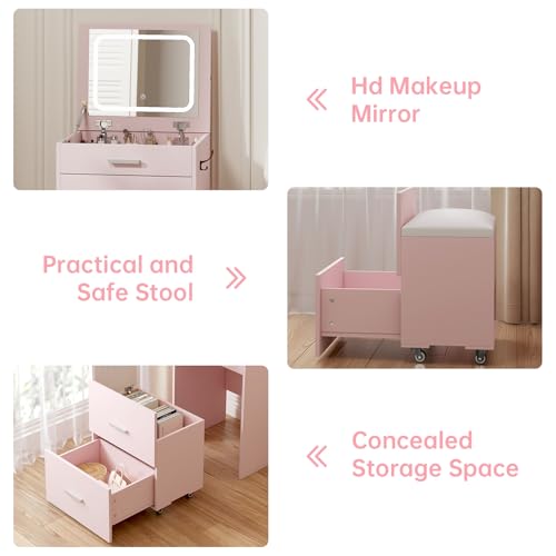 Compact Vanity with 3 Drawers, Makeup Desk with Lighted Mirror and Stool, White P76418