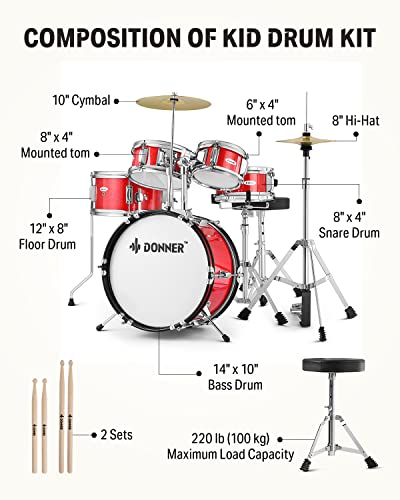Donner 5-Piece Kid Drum Set for Beginners, 14 Inch Full Size, Metallic Black H8038