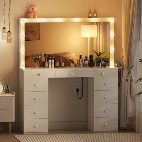 Likein Vanity Desk with Mirror and Lights, White Makeup Dressing Table with 11 Drawers G1478