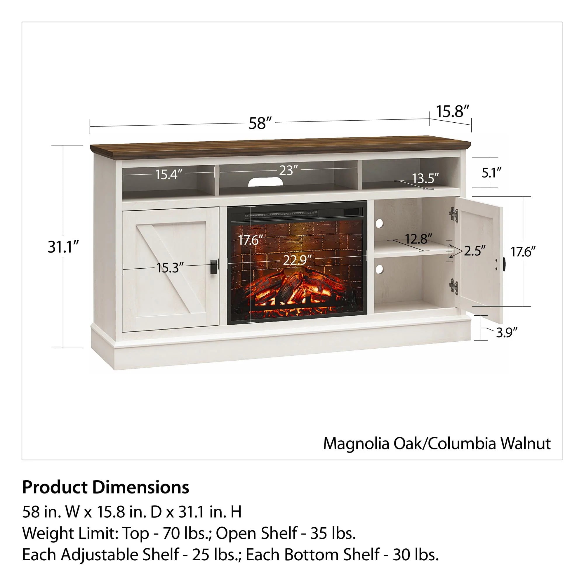 Ameriwood Home Ashton Lane Electric Fireplace TV Stand for TVs up to 65, Black Oak D206311