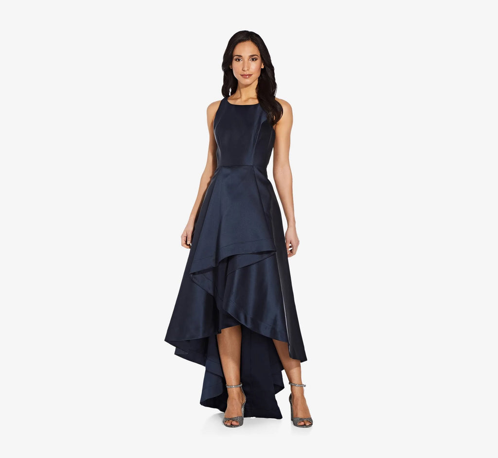 Adrianna Papell High Low Mikado Gown, Navy, Size 18 U544