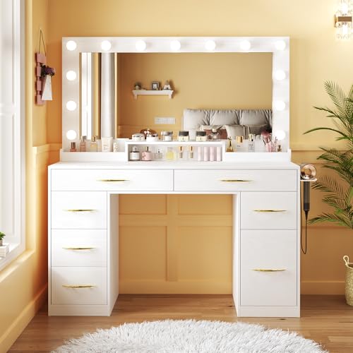 White Vanity Desk with Large Mirror and Lights I322