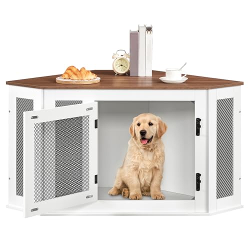 Corner Dog Crate Furniture Wooden Kennel End Table for Small Medium Dogs Greige and Black V3428