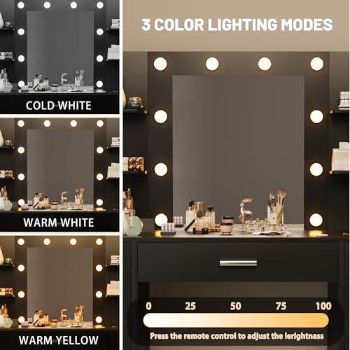 Furmax Vanity Desk with Mirror, LED Lights and Power Outlet, White O83814
