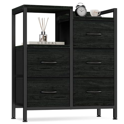 Furnulem 5 Drawer Black Fabric Dresser for Bedroom with Metal Frame D6974