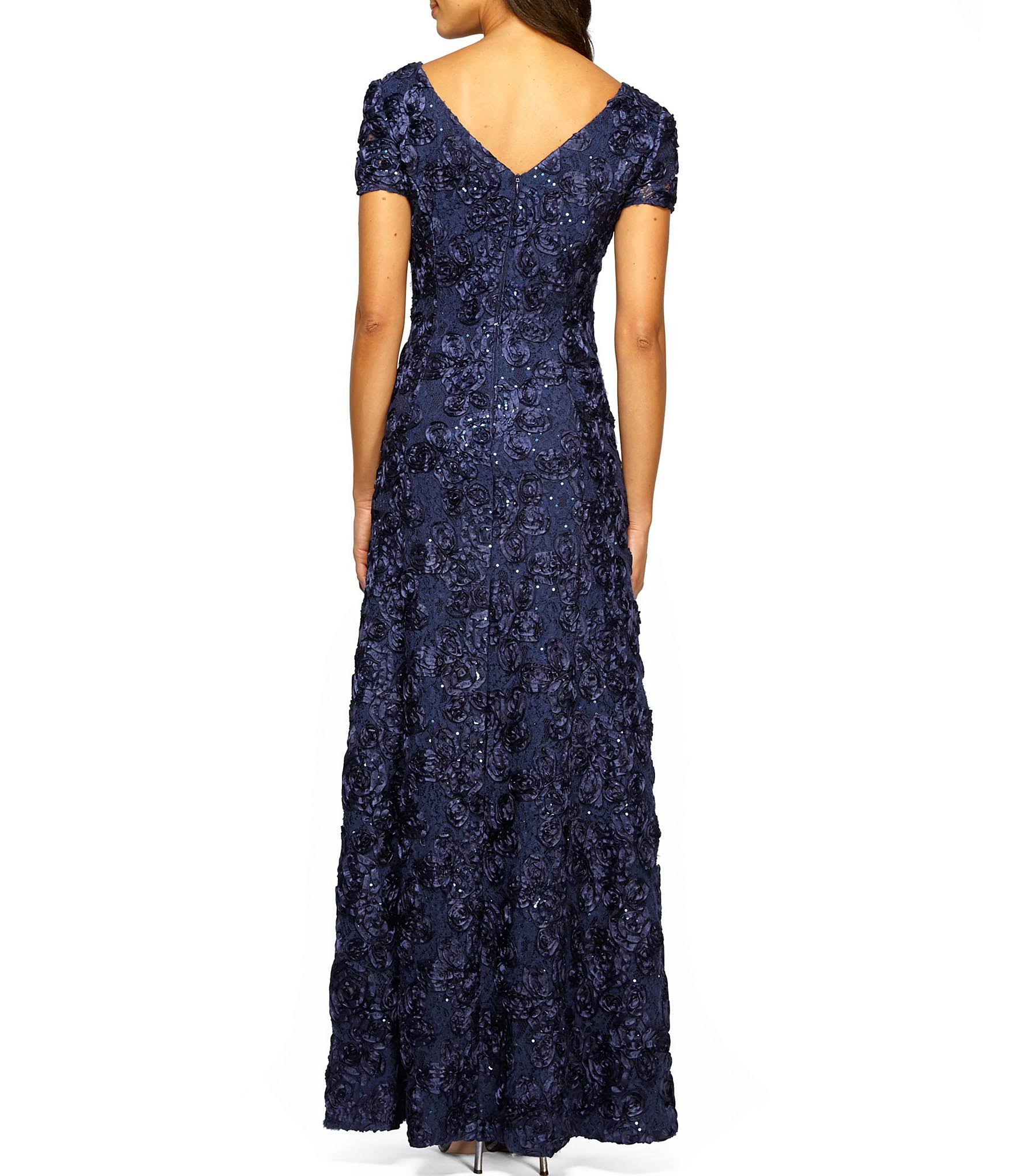 Alex Evenings Petite Rosette Lace A-Line Gown Navy D287234