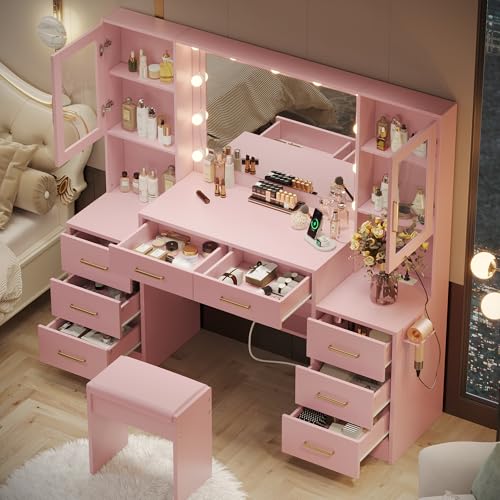 White Makeup Vanity Desk with Charging Station and Lights K58637
